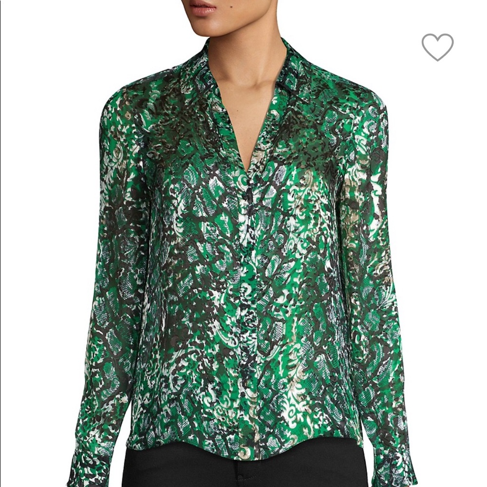 Alice & Olivia Sheila emerald silk snakeskin top